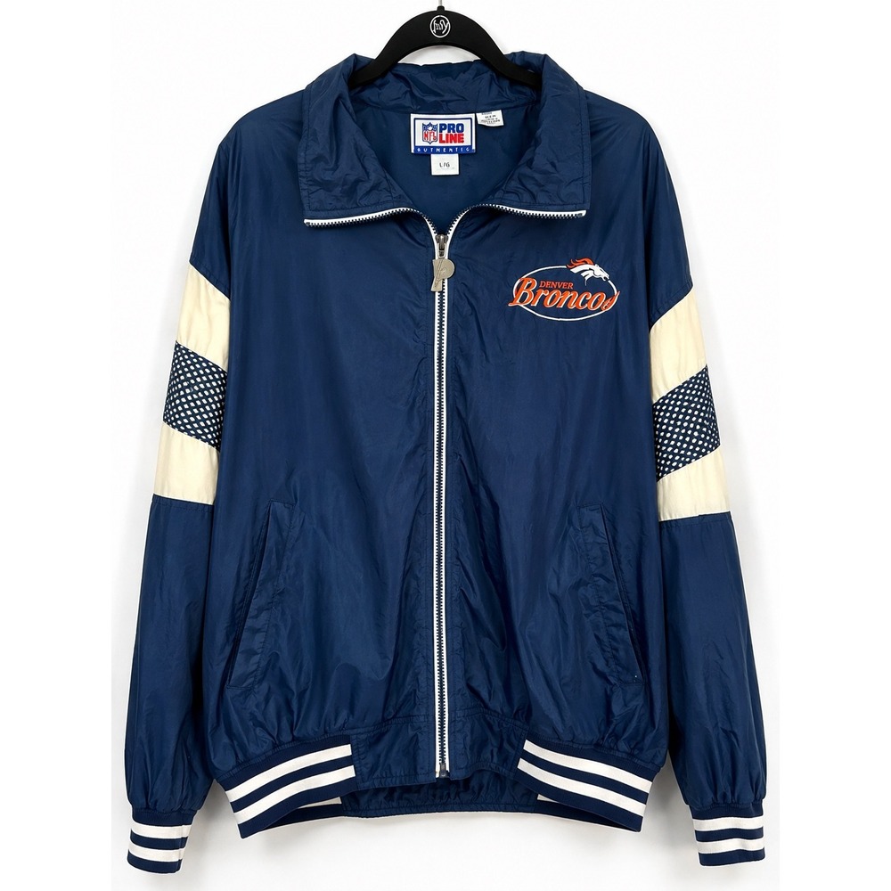 Vintage Pro Player Denver Broncos NFL Windbreaker Jacket Mens Large Navy Blue